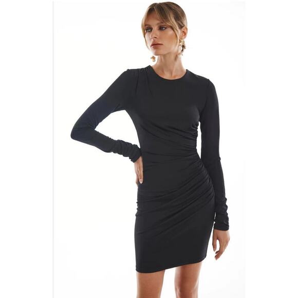 Krisa REVOLVE Black Faux Wrap Ruched Long Sleeve  Mini Dress Size XS NWT - Picture 1 of 9